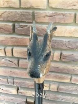 Extremely Rare Mike Wood Muntjac Deer Carved Head Staff Cane Stalking Wagbi Basc