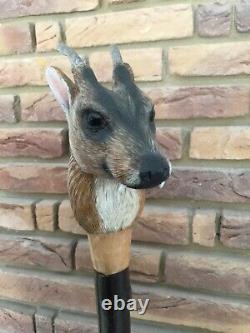 Extremely Rare Mike Wood Muntjac Deer Carved Head Staff Cane Stalking Wagbi Basc