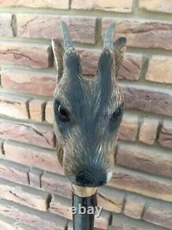 Extremely Rare Mike Wood Muntjac Deer Carved Head Staff Cane Stalking Wagbi Basc