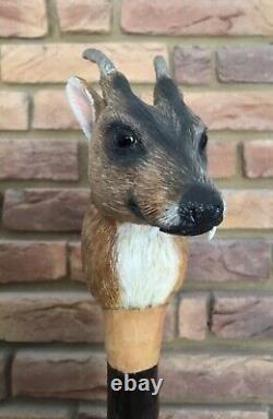 Extremely Rare Mike Wood Muntjac Deer Carved Head Staff Cane Stalking Wagbi Basc