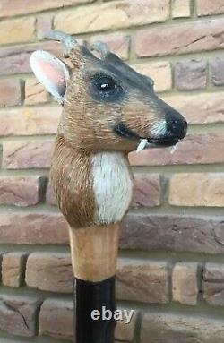 Extremely Rare Mike Wood Muntjac Deer Carved Head Staff Cane Stalking Wagbi Basc