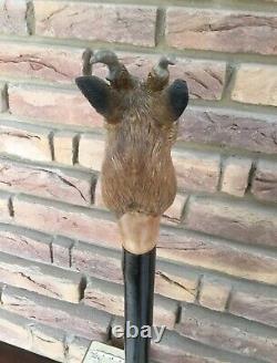 Extremely Rare Mike Wood Muntjac Deer Carved Head Staff Cane Stalking Wagbi Basc