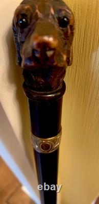 Fab Antique Black Forest Carved Dog Glass Eyes Silver Collar Walking Stick Cane