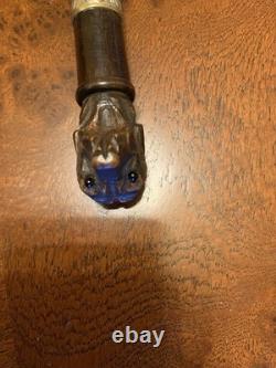 Fab Antique Black Forest Carved Dog Glass Eyes Silver Collar Walking Stick Cane