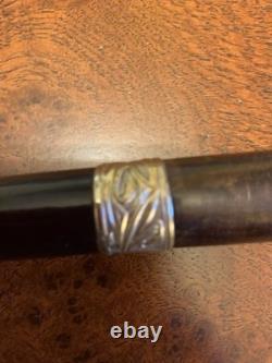 Fab Antique Black Forest Carved Dog Glass Eyes Silver Collar Walking Stick Cane
