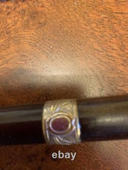 Fab Antique Black Forest Carved Dog Glass Eyes Silver Collar Walking Stick Cane