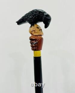Falconry Walking Cane Fancy Skull & Crow Hand Carved Hand Art Walking Cane Stick