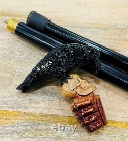 Falconry Walking Cane Fancy Skull & Crow Hand Carved Hand Art Walking Cane Stick