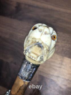 Fantastic Antique Carved Dogs Head & Silver Handled Parasol Walking Stick Handle