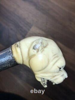 Fantastic Antique Carved Dogs Head & Silver Handled Parasol Walking Stick Handle