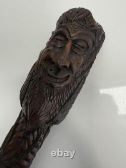 Fantastic Antique Folk Art Hand Carved Walking Stick Faces & Snake Etc