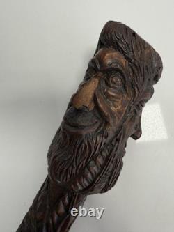 Fantastic Antique Folk Art Hand Carved Walking Stick Faces & Snake Etc