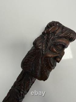 Fantastic Antique Folk Art Hand Carved Walking Stick Faces & Snake Etc