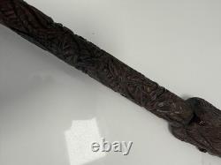 Fantastic Antique Folk Art Hand Carved Walking Stick Faces & Snake Etc