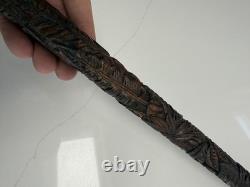 Fantastic Antique Folk Art Hand Carved Walking Stick Faces & Snake Etc