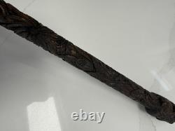 Fantastic Antique Folk Art Hand Carved Walking Stick Faces & Snake Etc