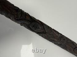 Fantastic Antique Folk Art Hand Carved Walking Stick Faces & Snake Etc