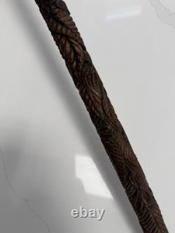 Fantastic Antique Folk Art Hand Carved Walking Stick Faces & Snake Etc