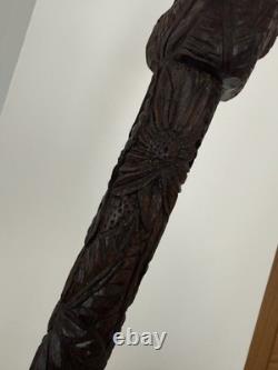 Fantastic Antique Folk Art Hand Carved Walking Stick Faces & Snake Etc