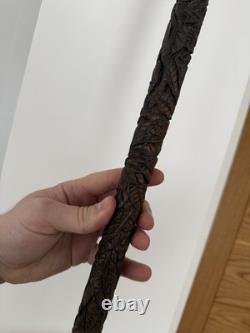 Fantastic Antique Folk Art Hand Carved Walking Stick Faces & Snake Etc