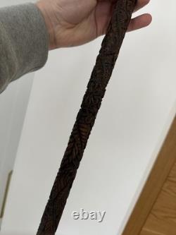 Fantastic Antique Folk Art Hand Carved Walking Stick Faces & Snake Etc