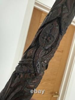 Fantastic Antique Folk Art Hand Carved Walking Stick Faces & Snake Etc