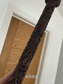 Fantastic Antique Folk Art Hand Carved Walking Stick Faces & Snake Etc