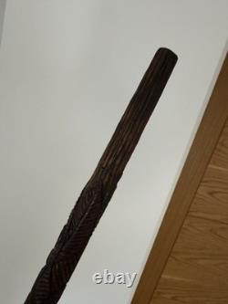Fantastic Antique Folk Art Hand Carved Walking Stick Faces & Snake Etc