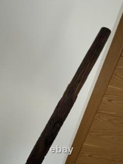 Fantastic Antique Folk Art Hand Carved Walking Stick Faces & Snake Etc