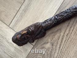 Fantastic Antique Folk Art Hand Carved Walking Stick Faces & Snake Etc