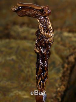 Fantasy Dragon Head Hand Carved Walking Cane Stick Wooden Crafted Handle Mithic