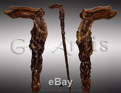 Fantasy Dragon Head Hand Carved Walking Cane Stick Wooden Crafted Handle Mithic