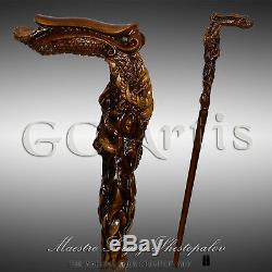 Fantasy Dragon Head Hand Carved Walking Cane Stick Wooden Crafted Handle Mithic