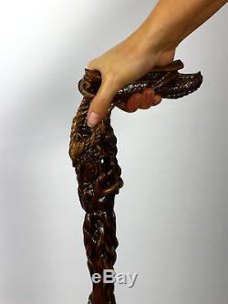 Fantasy Dragon Head Hand Carved Walking Cane Stick Wooden Crafted Handle Mithic