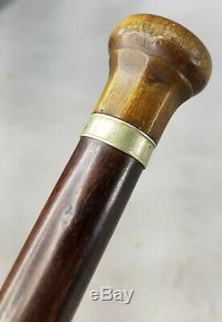 Fine Antique Cane Walking Stick Carved Horn Handle Wooden Shaft
