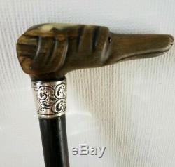 Fine Antique Silver Top Walking Stick Carved Bovine Horn Dog Head Glass Eyes