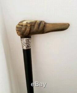 Fine Antique Silver Top Walking Stick Carved Bovine Horn Dog Head Glass Eyes