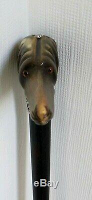 Fine Antique Silver Top Walking Stick Carved Bovine Horn Dog Head Glass Eyes