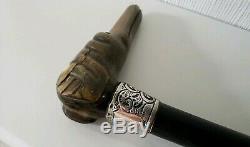 Fine Antique Silver Top Walking Stick Carved Bovine Horn Dog Head Glass Eyes