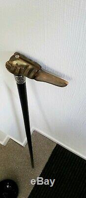 Fine Antique Silver Top Walking Stick Carved Bovine Horn Dog Head Glass Eyes