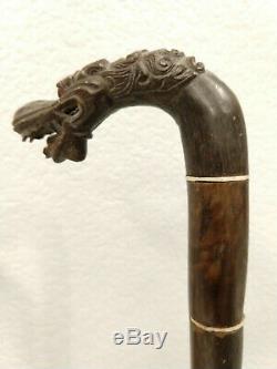 Fine old carved horn cane (walking stick) withNaga head from Java, Indonesia