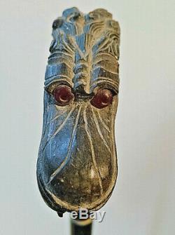 Fine old carved horn cane (walking stick) withNaga head from Java, Indonesia