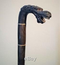 Fine old carved horn cane (walking stick) withNaga head from Java, Indonesia