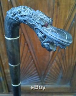 Fine old carved horn cane (walking stick) withNaga head from Java, Indonesia