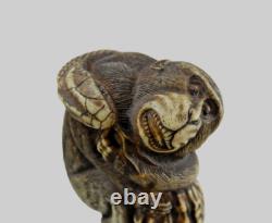 Finest Antique Walking Cane Stick Dear Antler H0rn Carved Handle Monkey & Snake