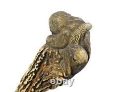 Finest Antique Walking Cane Stick Dear Antler H0rn Carved Handle Monkey & Snake