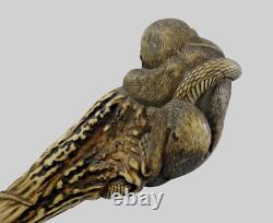Finest Antique Walking Cane Stick Dear Antler H0rn Carved Handle Monkey & Snake
