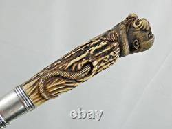 Finest Antique Walking Cane Stick Dear Antler H0rn Carved Handle Monkey & Snake