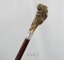 Finest Antique Walking Cane Stick Dear Antler H0rn Carved Handle Monkey & Snake