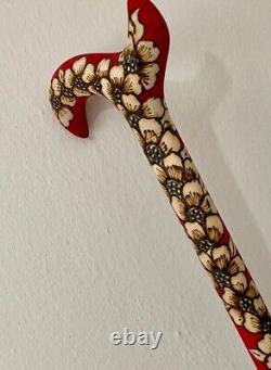 Flower Patterned Red Fantasia Walking Stick, High Quality Handmade Unique Carved